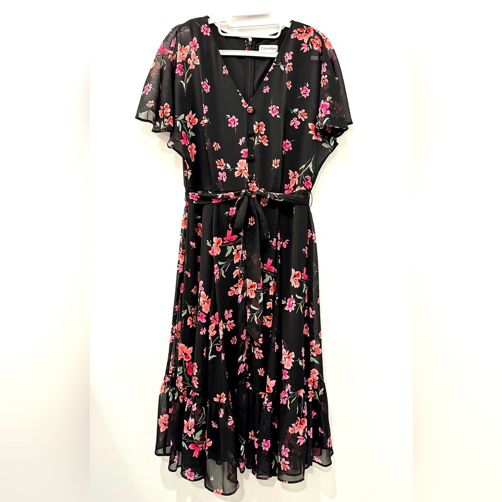 Calvin Klein Pink/Black Flutter Sleeve Midi Dress